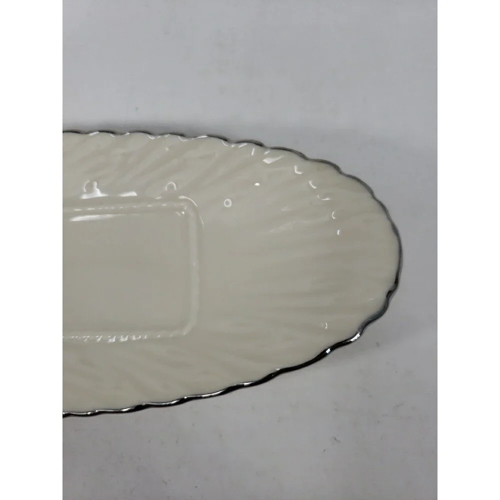 Vintage Lenox Butter Serving Tray Dish Ivory Platinum Trim Color Made in USA 9